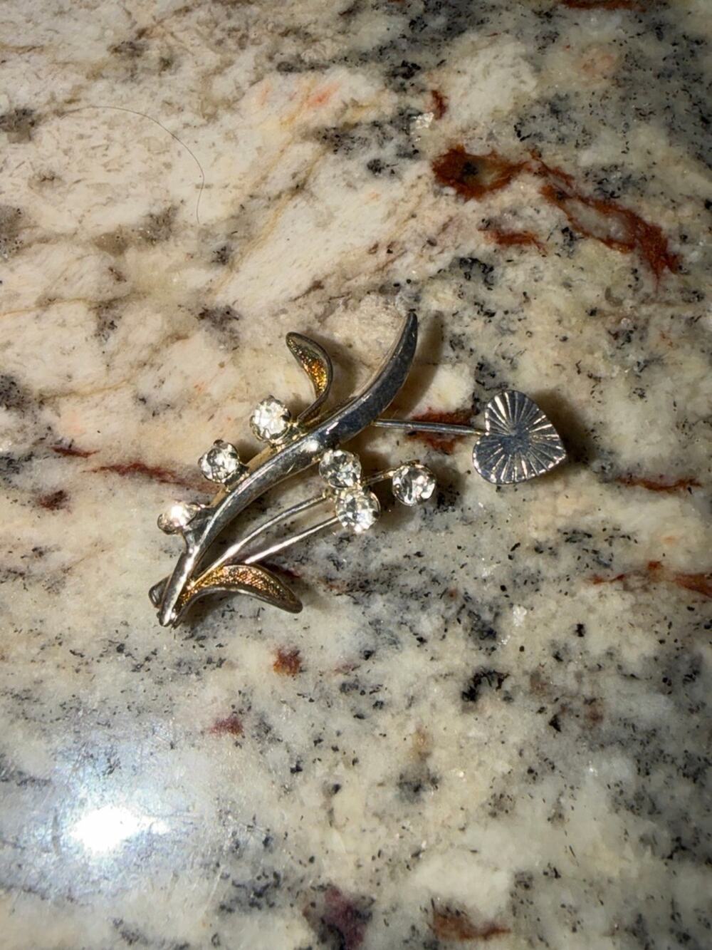 Vintage Rhinestone Floral Heart Brooch